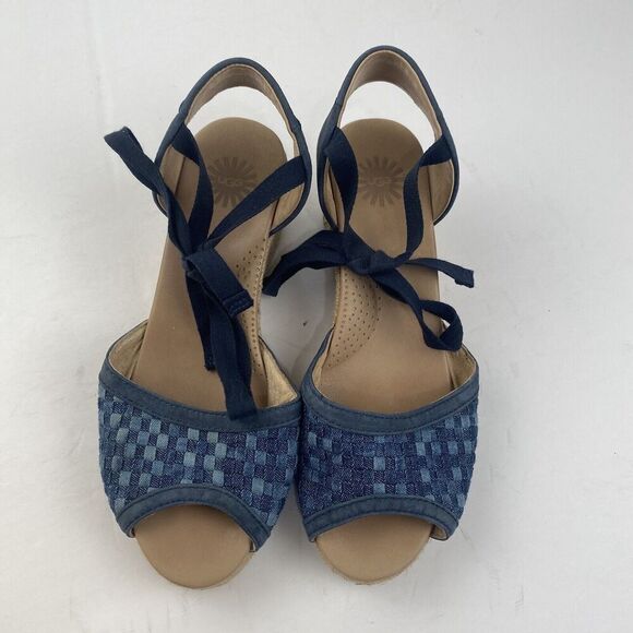 UGG Blue Delmar Woven Wedge Ankle Tie Espadrilles Sandals‎ Womens Size 7.5 Used - Picture 2 of 16